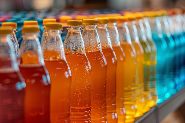 Photo several bottles filled with assorted liquids lined up neatly on a table a gradient of soft drink flavors blending together