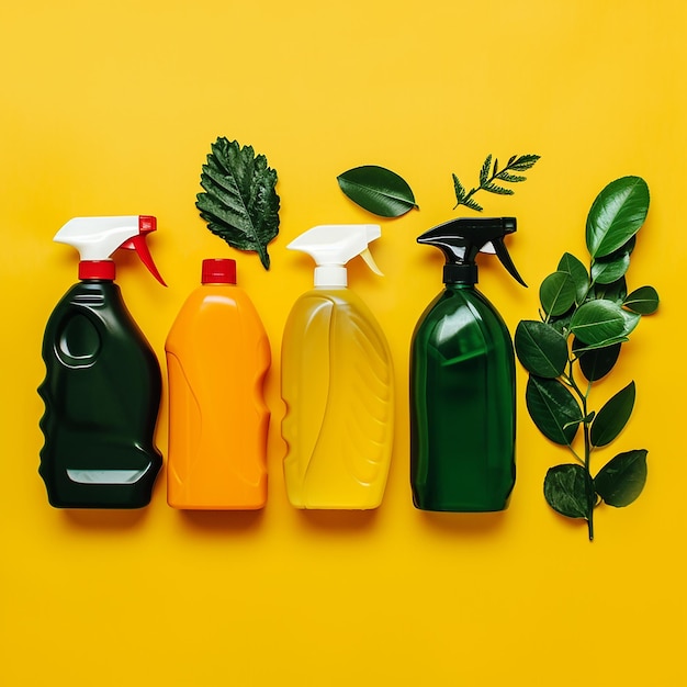 several bottles of orange liquid and one of them has a green leaf on it