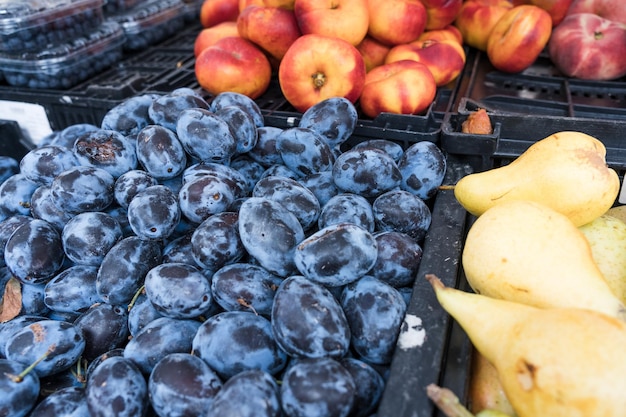 Several boxes wit fresh fruit at market stall in Mallorca Spain