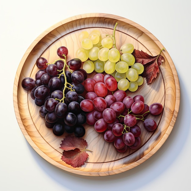 Several bunches of white and red grapes on a wooden plate On a white background