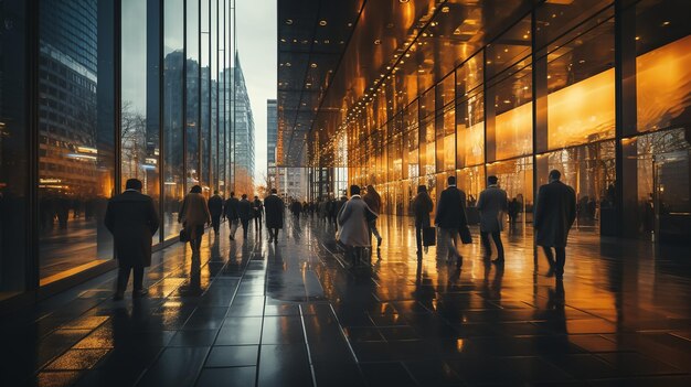 Several business people walk fast motion blur in the corridor of modern city