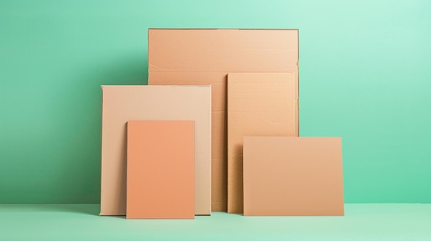 several cardboard boxes are stacked on a green surface