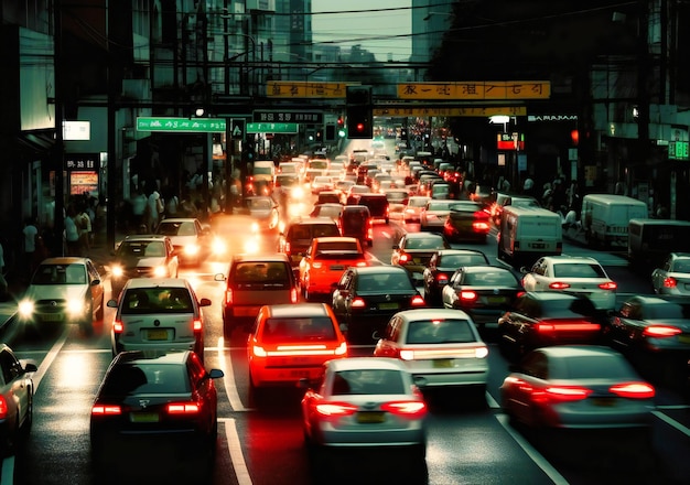 Photo several cars traveled on a busy roadway and traffic lights