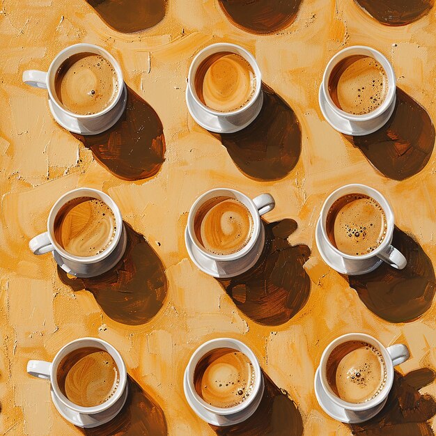 Photo several coffee cups are lined up on a yellow surface