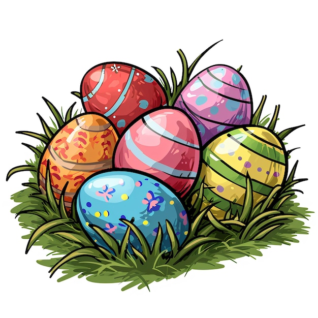 Several colored Easter eggs in grass