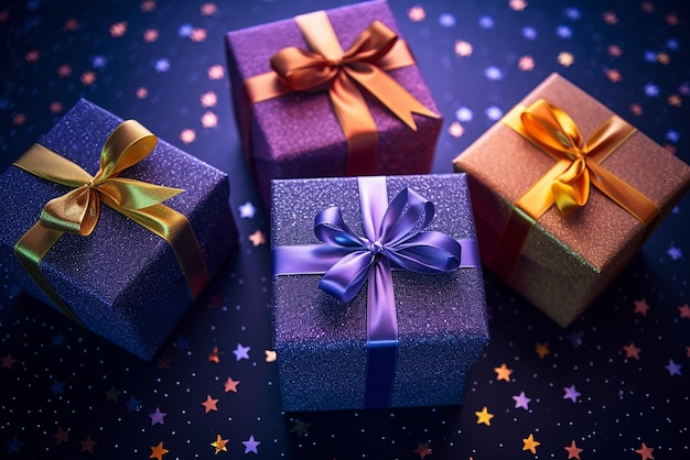 Several colorful gifts on blue background