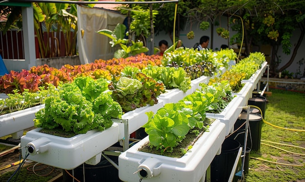 Photo several containers of different types of vegetables including a plant including a pot with a plant and a person in the background