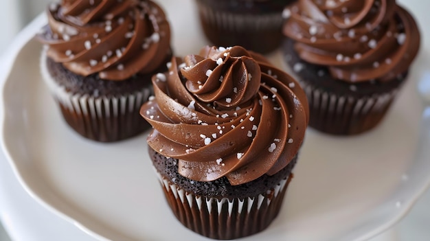 several cupcakes with chocolate frosting and one of them has a flower on the top