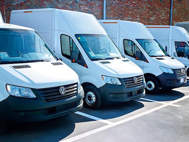 Several Delivery courier service rent Vans Trucks Parked In front of Warehouse