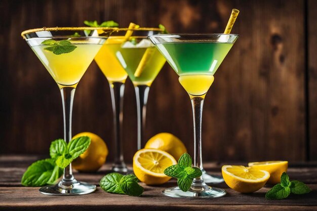 several different cocktails are lined up on a table including one with lemon wedges and mint leaves