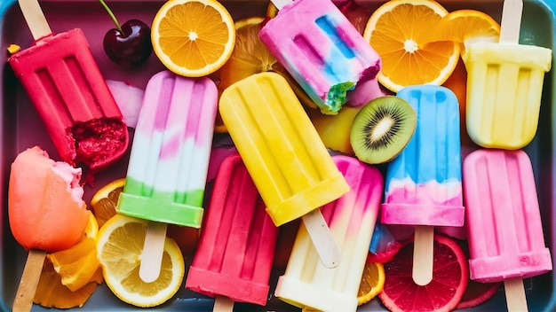 Several different flavored popsicles together some bitten