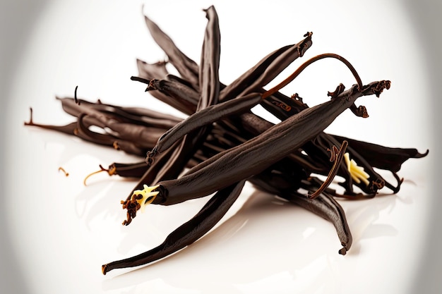 Several dry vanilla beans with delicious aroma