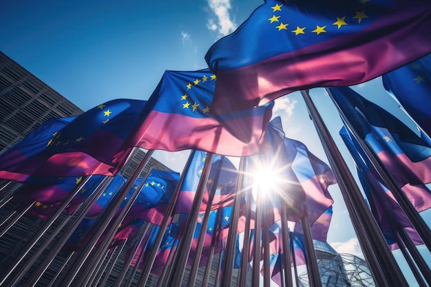 Several flags of the european union