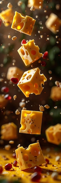 Several floating pieces of cheese scattered over a yellow background