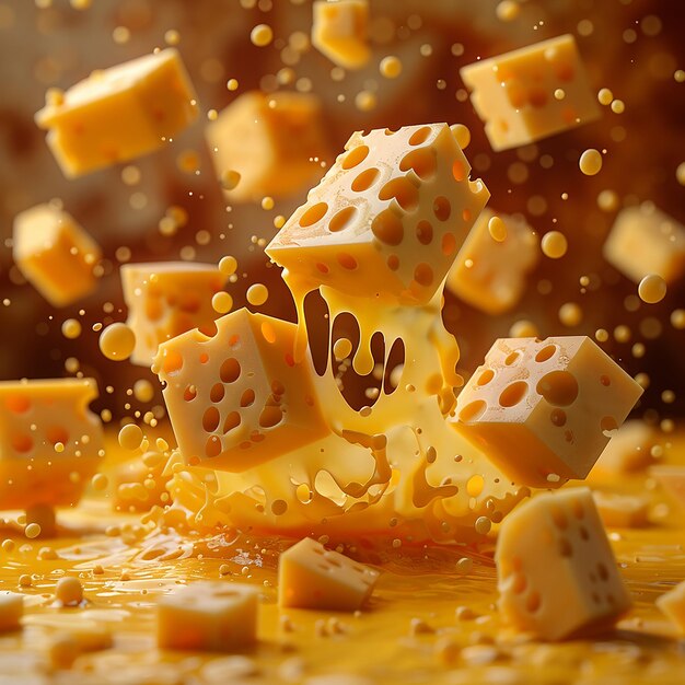 Several floating pieces of cheese scattered over a yellow background