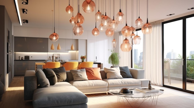 Several glass globeshaped pendant lights above a sofa in a cozy living room Elegant modern interior design with an emphasis on lighting Mockup 3D rendering