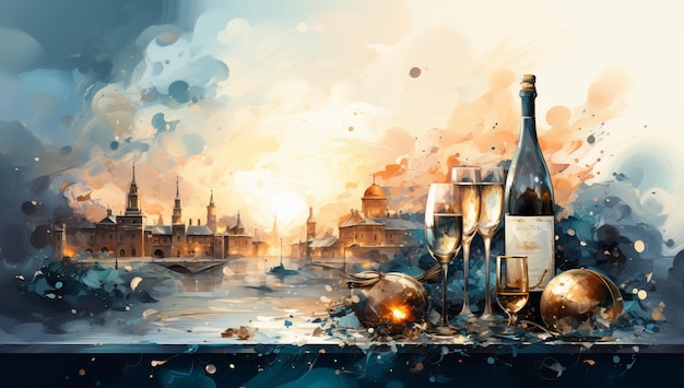 Several glasses and a bottle of champagne New Years Eve celebrations illustration card backgrou