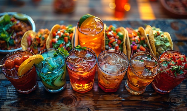 Photo several glasses of cocktails with different colored drinks on a table