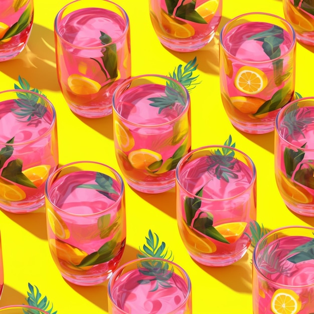 Several glasses of pink liquid with lemon slices and leaves on a yellow background generative ai