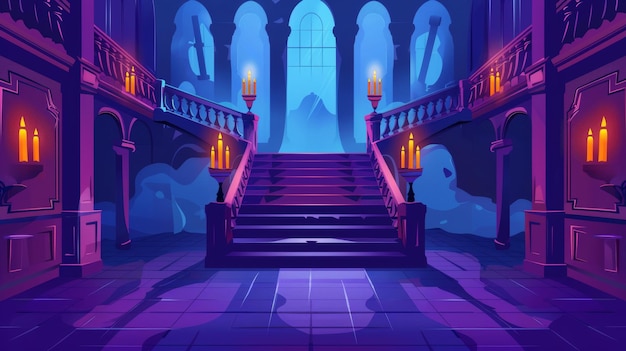 Photo several glowing candles and a mystical fog fill this empty hallway in a baroque palace at night modern cartoon illustration of stairs a balustrade glowing candles and a mystical fog