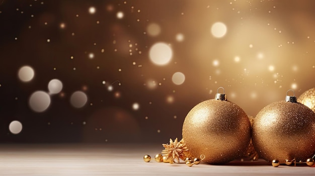 Several golden Christmas balls on a table Background with colored dots out of focus Copy space