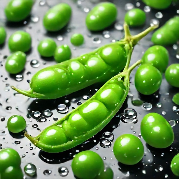 several green peas are laying on a plate with water drops