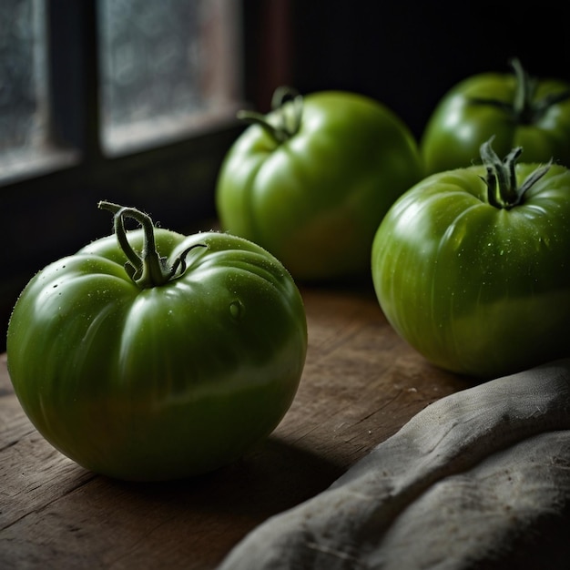 several green tomatoes are lined up on a wooden table