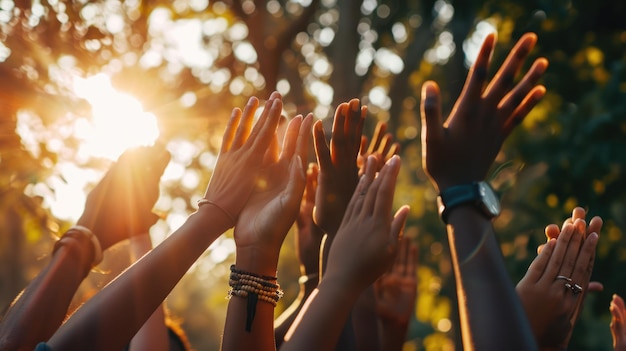 Several hands raised against a backdrop of a sunlit