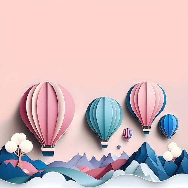 Several hot air balloons in the blue sky over the mountains paper style copy space