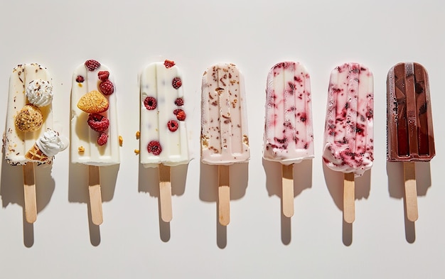 several ice creams are lined up on sticks one of which has raspberry and raspberry ice cream