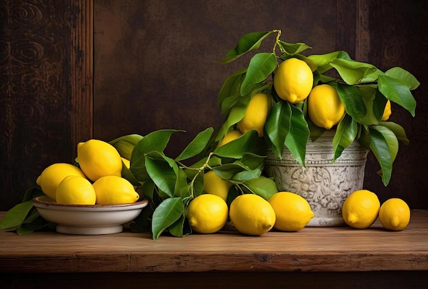 several lemons and green leaves near a wooden table in the style of italianate flair