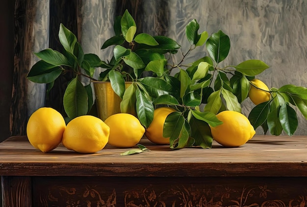 several lemons and green leaves near a wooden table in the style of italianate flair