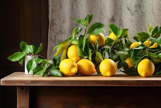 several lemons and green leaves near a wooden table in the style of italianate flair