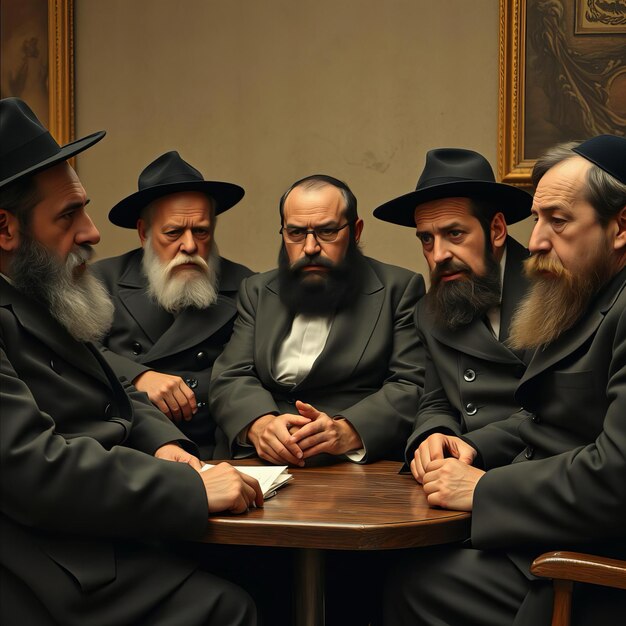 Photo several men in black suits and hats sitting around a table