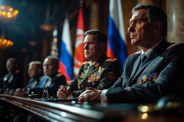 Photo several men in military uniforms sitting at a table with flags behind them generative ai