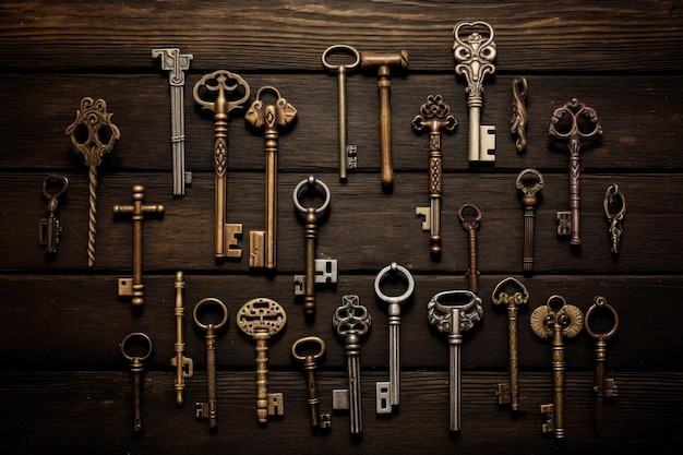 Several old keys designed with metal handles are scattered on a wooden table