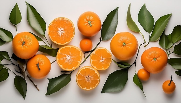 several oranges are lined up on a table including one with leaves and one has a leafy green