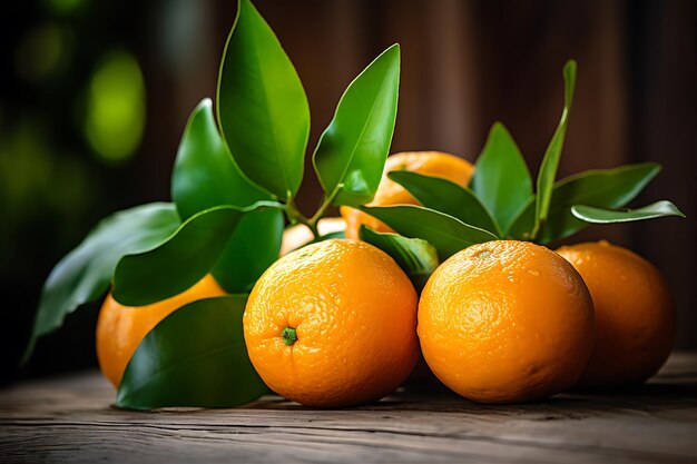 Several Oranges Next to Leaves on a Wooden Table