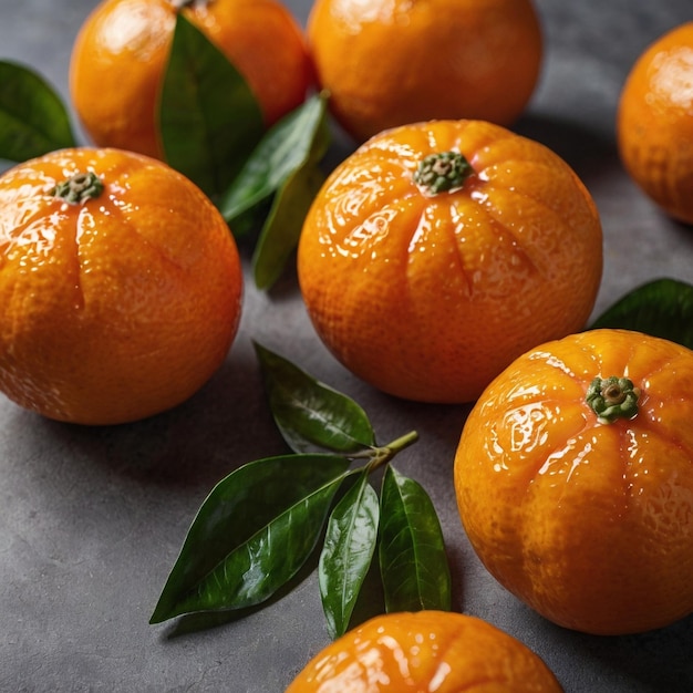 several oranges with green leaves