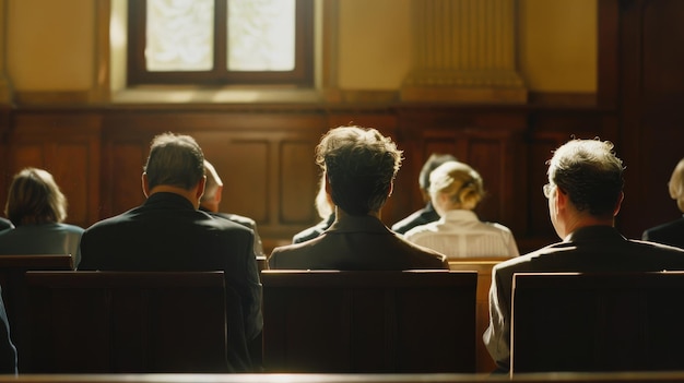 Photo several people in formal attire sit in a courtroom absorbed in a judicial session