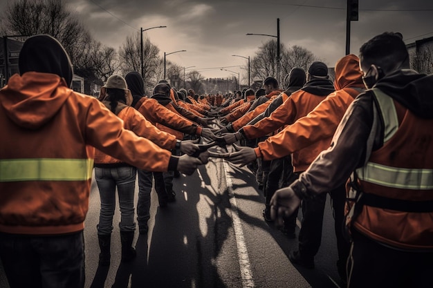 Several people in orange jackets are holding hands in a line generative ai