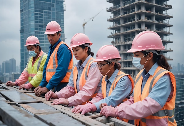 several people wearing hard hats and pink hard hats