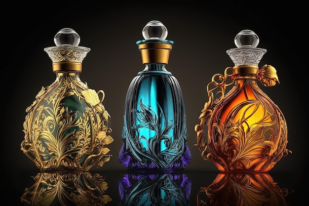 Several perfume bottles with intricate designs and beautiful packaging Each bottle has a unique shape and color scheme with some featuring floral motifs or metallic accents Generative AI