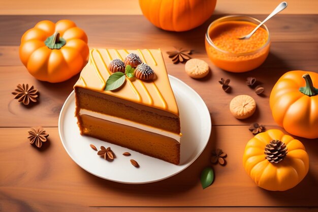 Several pieces of pumpkin cake with nuts on orange table traditional autumn dish for thanksgiving