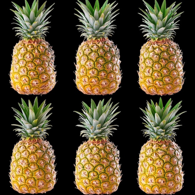 several pineapples are shown with a black background