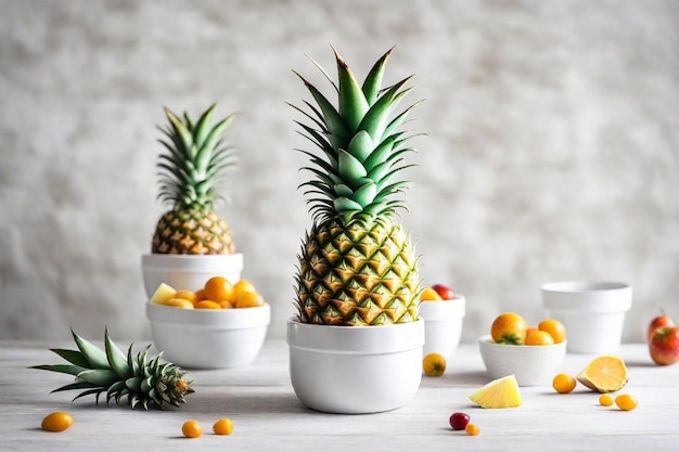 several pineapples are on a table with other bowls