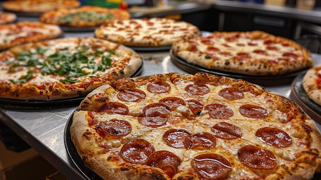 several pizzas are lined up on a table including one that has pepperoni on it