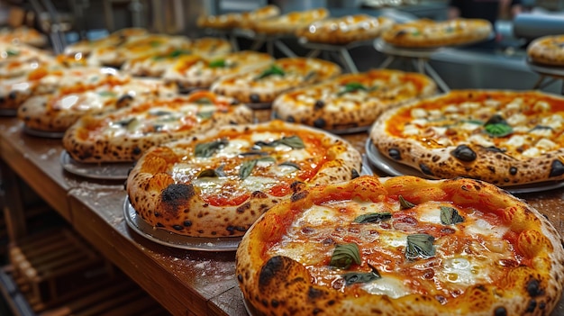 several pizzas are lined up on a table one of which has the number of numbers on it