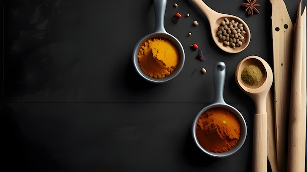 several pots of spices are on a black background with one that says spice