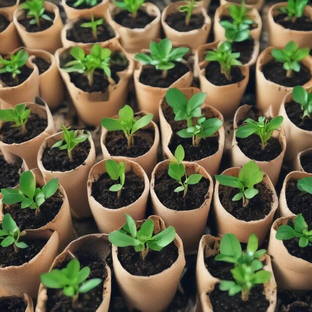 Photo several rows of plant pots with a few green plants in them